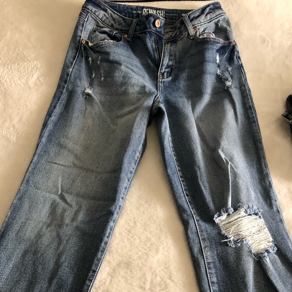 medium washed high rise ripped jeans
